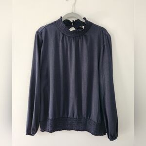 EUC Alex & Lili Gathered High Neck Navy Top w/ Long sleeves & gathered waist